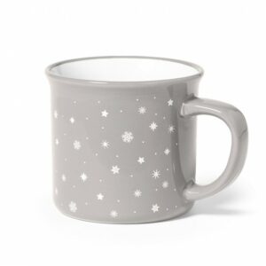 taza gris navideña de cerámica con diseño de copos de nieve