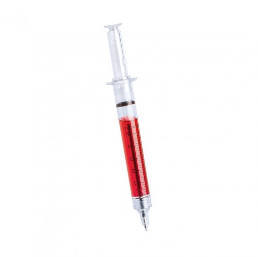 Bolígrafos Personalizados Farida estilo jeringuilla con liquido rojo.