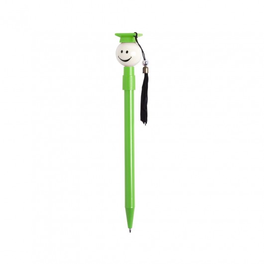 Bolígrafos Personalizados Vounelli verde con detalle de cara sorniente.