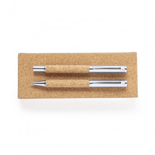 set de bolígrafos ecológicos personalizados de corcho con toques metálicos