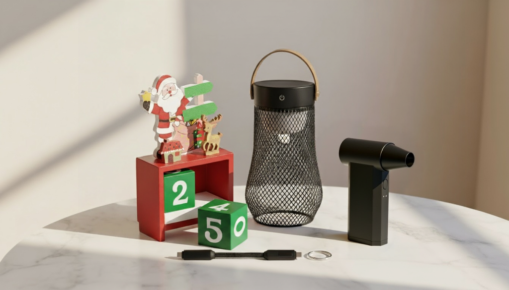 Lámpara Sanda, cable LED Bursa y calendario de madera Rocla como regalos corporativos de Navidad sobre mesa de mármol.