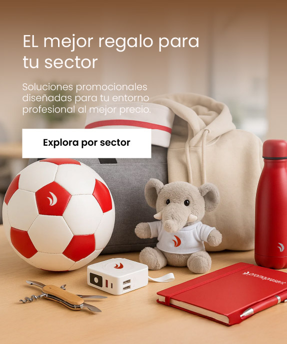 Selección de regalos promocionales personalizados sobre una mesa, incluyendo balón, mochila, sudadera, botella reutilizable, libreta, peluche y accesorios corporativos movil